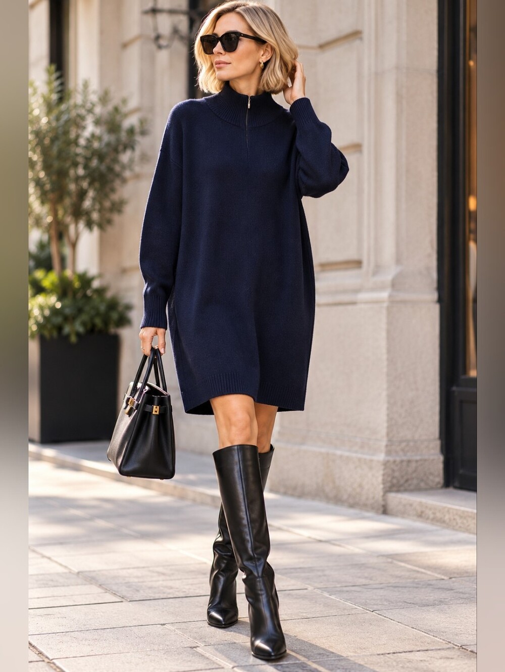 Club Monaco Navy Wool Blend Half Zip Oversized Sweater Dress L